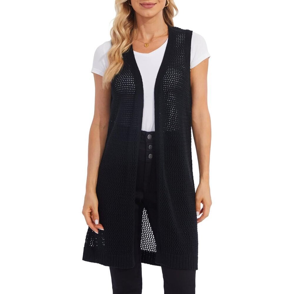 Women's Acrylic Sleeveless Crochet Cardigan Vest Duster for Spring Summer